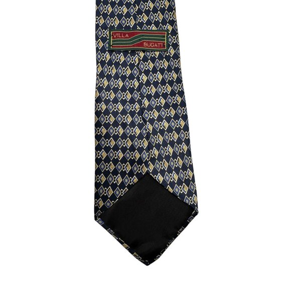 Villa Bugatti Mens Silk Necktie Navy Gold Geometric Diamond Pattern Made In USA - Picture 3 of 5